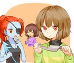  2others androgynous blue_skin brown_hair chara_(undertale) eating eyepatch frisk_(undertale) head_fins knife looking_at_viewer misha_(hoongju) multiple_others polearm red_eyes shirt spear spoilers stick striped striped_shirt tank_top undertale undyne weapon yellow_sclera 