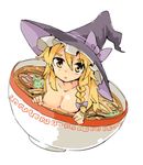  aioi_aoi blonde_hair braid breasts cleavage collarbone food hat in_bowl in_container in_food kirisame_marisa large_breasts looking_at_viewer minigirl noodles nude ramen single_braid solo touhou witch_hat yellow_eyes 