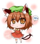  animal_ears blush brown_eyes brown_hair cat_ears cat_tail chen chibi commentary dress fish frills hand_on_own_face hat jewelry mob_cap multiple_tails nekomata noai_nioshi red_skirt shoes short_hair short_sleeves single_earring skirt skirt_set socks solo sparkle tail thinking touhou two_tails 