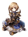  armor armored_boots armored_dress black_armor blonde_hair blush boots dark_fencer_(granblue_fantasy) djeeta_(granblue_fantasy) dress full_body gauntlets granblue_fantasy headwear_removed helmet helmet_removed horned_helmet horns looking_away looking_to_the_side miyase_mahiro pauldrons short_hair simple_background sitting smile solo spikes wariza white_background yellow_eyes 