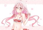  bare_shoulders bikini blush breasts commentary_request guilty_crown hair_ornament hairclip heart heart-shaped_pupils highres looking_at_viewer midriff navel pink_hair red_eyes sarina_(tosiyukiryousuke) small_breasts smile solo swimsuit symbol-shaped_pupils twintails yuzuriha_inori 