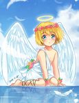  1boy 2015 angel angel_wings armin_arlert barefoot blonde_hair blue_eyes blue_sky blush child cloud clouds dated feather feet flower halo male_focus moxue_qianxi outdoors shingeki_no_kyojin short_hair sitting sky solo toes toga wings wreath 