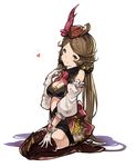  bad_id bad_twitter_id bare_shoulders boots breasts brown_hair cleavage gloves granblue_fantasy hanarito harie_(granblue_fantasy) hat medium_breasts seiza sitting solo thigh_boots thighhighs 