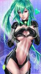  artist_name black_gloves bracelet breast_press breast_squeeze breastless_clothes breasts breasts_outside covering covering_breasts cowboy_shot eyelashes gloves glowing green_hair green_heart hair_between_eyes hand_gesture hands_on_own_chest head_tilt heart heart_hands hexagon highres jewelry large_breasts legs_together leotard lips long_hair looking_at_viewer navel neptune_(series) number parted_lips ponytail purple_eyes revealing_clothes signature solo sparkle stomach symbol-shaped_pupils teeth thighs tsurime very_long_hair z-duke 
