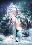  akkijin bare_back bare_shoulders blush boreas_(shinkai_no_valkyrie) breath detached_sleeves dress green_eyes ice long_hair mouth_hold night night_sky official_art outdoors shinkai_no_valkyrie silver_hair sitting sky sleeves_past_wrists snow snowing solo star_(sky) starry_sky thermometer twintails 