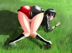  ass bent_over black_eyes black_hair blush boots cameltoe female from_behind grass looking_at_viewer looking_back looking_behind outdoor outdoors short_hair shorts solo 