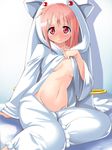  blush breasts commentary_request cosplay costume groin kaname_madoka kyubey kyubey_(cosplay) looking_at_viewer mahou_shoujo_madoka_magica medium_breasts midriff navel no_bra no_panties open_clothes pink_eyes pink_hair solo tanukimaso underboob unzipped 