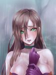  :o artist_name bare_shoulders bare_tree blush breasts brown_hair choker cleavage collarbone gloves green_eyes hair_between_eyes hand_on_own_chest highres large_breasts long_hair looking_at_viewer nyx outdoors plant purple_gloves queen's_blade rain round_teeth solo tasselcat teeth tree upper_body very_long_hair water watermark web_address wet 