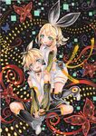  1girl abstract_background alternate_costume artist_name bass_clef blonde_hair blue_eyes bow brother_and_sister bug butterfly choker collarbone dated hair_bow hair_ornament hairclip hands_on_shoulders happy headset insect kagamine_len kagamine_rin looking_at_viewer midriff mosho multicolored_hair navel short_hair siblings signature smile traditional_media treble_clef twins vocaloid 