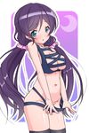  bikini cowboy_shot crescent green_eyes k10k long_hair love_live! love_live!_school_idol_project low_twintails meme_attire navel outline pink_scrunchie purple_hair rei_no_mizugi scrunchie solo swimsuit thighhighs toujou_nozomi twintails white_outline 