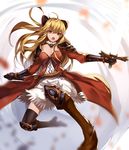  :o armor black_bow black_legwear blonde_hair boots bow breasts brown_footwear cleavage dress eredhen gauntlets granblue_fantasy hair_bow large_breasts long_hair looking_at_viewer motion_blur open_mouth ponytail red_eyes ribbon shoulder_armor slashing solo sword thighhighs v-shaped_eyebrows vira_lilie weapon zettai_ryouiki 