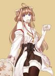  bare_shoulders black_legwear brown_hair covered_mouth cup double_bun doughnut food food_in_mouth hairband headgear highres holding holding_cup kantai_collection kongou_(kantai_collection) lapis_(13567118) long_hair nontraditional_miko ribbon-trimmed_sleeves ribbon_trim skirt solo teacup thighhighs yellow_background zettai_ryouiki 