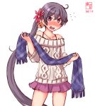  1girl akebono_(kantai_collection) alternate_costume aran_sweater artist_logo bare_shoulders bell blush casual collarbone cowboy_shot dated eyebrows_visible_through_hair flat_chest flower hair_bell hair_between_eyes hair_flower hair_ornament highres jingle_bell kanon_(kurogane_knights) kantai_collection long_sleeves looking_at_viewer miniskirt open_mouth pink_skirt purple_eyes purple_hair scarf side_ponytail signature simple_background skirt solo standing sweatdrop sweater white_background 