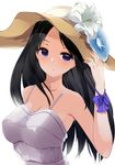  amasora_taichi bare_arms black_hair breasts cleavage collarbone dress flower hat hat_flower highres large_breasts long_hair looking_at_viewer original purple_eyes ribbon sleeveless sleeveless_dress solo upper_body very_long_hair white_dress wrist_ribbon 