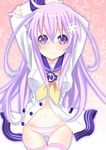  arms_behind_head blush d-pad d-pad_hair_ornament hair_ornament hands_above_head long_hair mikan_no_shiru navel nepgear neptune_(series) panties purple_hair smile solo star striped striped_legwear striped_panties thighhighs underwear 