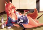  ahsiu animal_ears barefoot blush breasts caster_(fate/extra) cleavage drink fate/extra fate/grand_order fate/stay_night foxgirl japanese_clothes jpeg_artifacts kimono long_hair pink_hair sake tail yellow_eyes 