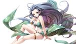  &gt;:) bare_arms bare_legs bare_shoulders barefoot blush bracer breasts collarbone floating_hair granblue_fantasy hand_on_own_face large_breasts lavender_hair long_hair miyase_mahiro navel orange_eyes pointy_ears simple_background sitting smile solo strapless thigh_strap tiamat_(granblue_fantasy) v-shaped_eyebrows very_long_hair white_background 