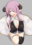  akiryu bare_shoulders blush breast_hold breasts cleavage cow_girl cow_horns demon_girl female from_above granblue_fantasy hair_over_one_eye highres horns huge_breasts kneeling long_hair looking_at_viewer narumeia_(granblue_fantasy) open_mouth pointy_ears purple_eyes purple_hair sideboob simple_background skirt solo succubus thighhighs 