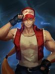 artist_name baseball_cap blonde_hair blue_eyes fatal_fury fingerless_gloves gloves grin hand_over_eye hat highres jacket long_hair looking_at_viewer male_focus muscle pants ponytail smile solo tank_top terry_bogard the_king_of_fighters xiaoguimist 
