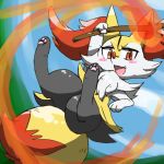  anthro black_fur blush braixen canine chiji cloud cute_fangs day female fire fur happy holding_object inner_ear_fluff looking_at_viewer mammal nintendo open_mouth outside pawpads pok&eacute;mon pok&eacute;mon_(species) red_eyes red_fur sky smile solo stick video_games yellow_fur 