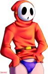  2019 blush clothed clothing digital_media_(artwork) erection humanoid male mammal mario_bros mask nintendo not_furry penis precum secrets-from-dark shyguy simple_background solo standing underwear video_games white_background 