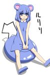  animal_ears azurill blue_eyes blue_footwear blue_hair blush_stickers dress dress_tug eyebrows eyebrows_visible_through_hair gen_3_pokemon highres personification pokemon shoes simple_background sitting sitting_on_own_tail sleeveless solo tail tokugawa_landine white_background 