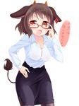  adjusting_eyewear animal_ears bespectacled black_legwear blush bra breasts brown_hair cow_ears cow_tail glasses hand_on_hip highres holmy_(show_by_rock!!) horns looking_at_viewer medium_breasts open_mouth pantyhose pencil_skirt red-framed_eyewear red_eyes short_hair show_by_rock!! skirt solo tail tail_raised takano_natsuki translation_request underwear 