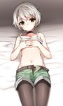 bad_id bad_pixiv_id belt choker covering covering_breasts green_eyes hands_clasped interlocked_fingers kuro_(kuronell) lying navel on_back open_fly original own_hands_together pantyhose shirt_lift short_hair shorts silver_hair solo tank_top unbuckled_belt unzipped 