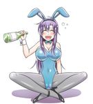  animal_ears bare_shoulders blush bottle bow breasts bunny_ears bunnysuit cleavage closed_eyes commentary_request dragon_quest dragon_quest_iii drunk faris_scherwiz final_fantasy final_fantasy_v gloves indian_style jester_(dq3) large_breasts long_hair mabo-udon open_mouth pantyhose purple_hair sitting smile solo wrist_cuffs 