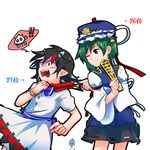  artist_self-insert asphyxiation asymmetrical_hair bangle black_hair blue_eyes bow bracelet directional_arrow dragging dress green_hair hat horns jewelry kijin_seija multicolored_hair multiple_girls one_eye_closed open_mouth red_eyes red_hair ribbon rod_of_remorse shiki_eiki shikushiku_(amamori_weekly) short_hair spoken_skull_and_crossbones strangling streaked_hair touhou white_hair 