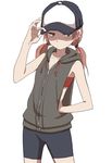  adjusting_clothes adjusting_hat bandeau bare_shoulders baseball_cap bike_shorts black_vest brown_eyes brown_hair closed_mouth collarbone cowboy_shot earrings expressionless hat highres hood hoodie jewelry low_twintails shaded_face short_hair short_twintails simple_background sleeveless sleeveless_hoodie solo standing stud_earrings tsurime twintails vest white_background yamamoto_souichirou zipper 