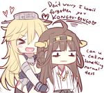  &gt;_&lt; :d =_= ahoge annoyed bags_under_eyes black_gloves blonde_hair blush_stickers brown_hair closed_eyes desu elbow_gloves english expressionless gloves hairband headgear heart heart_in_mouth iowa_(kantai_collection) japanese_clothes jitome kantai_collection kimono kongou_(kantai_collection) kvlen long_hair md5_mismatch multiple_girls nontraditional_miko open_mouth reverse_translation simple_background smile upper_body very_long_hair white_background wide_face xd 