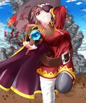  belt black_legwear blue_sky brown_hair cape cloud covering_face covering_one_eye day dress fingerless_gloves fire gloves ground hand_over_eye hat highres kono_subarashii_sekai_ni_shukufuku_wo! looking_at_viewer magic megumin pointing pointing_at_viewer red_dress red_eyes short_hair simejing sky smoke solo staff thighhighs witch_hat 