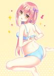  :o ass bare_arms bare_back bare_shoulders barefoot blue_bra blue_panties blush bow bra brown_eyes eyebrows eyebrows_visible_through_hair from_behind hair_between_eyes hair_bow open_bra open_mouth orange_hair original panties pentagram purple_bow simple_background sitting soles solo sparkle star sumisaki_yuzuna tareme unclasped underwear underwear_only undressing unfastened wariza yellow_background 