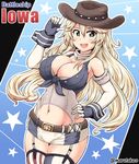  american_flag_legwear asymmetrical_legwear blonde_hair blue_eyes breasts cleavage cowboy_hat detached_sleeves fingerless_gloves garter_straps gloves gorget hand_on_headwear hand_on_hip hat iowa_(kantai_collection) kantai_collection large_breasts long_hair maru_takeo miniskirt skirt solo star star-shaped_pupils studded_trim symbol-shaped_pupils thighhighs wrist_cuffs 