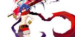  antenna_hair belt blue_hair bracelet disgaea highres jewelry laharl makai_senki_disgaea male_focus pointy_ears red_eyes red_shorts scarf shirtless shorts smile solo sword tokiti weapon 