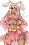  :3 animal_ears bangs bra bracelet breasts bunny_ears collarbone contrapposto cowboy_shot crescent dancer dark_skin fingers_together from_below gem harem_outfit jewelry long_hair looking_at_viewer navel necklace original pink_bra pink_skirt red_eyes sasaame sidelocks simple_background skirt small_breasts solo standing steepled_fingers tiara underwear veil white_background white_hair 