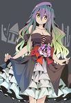  adapted_costume aioi_aoi bangs bare_shoulders black_dress blonde_hair breasts bright_pupils cleavage cross-laced_clothes dress flower gradient_hair grey_background hair_between_eyes head_tilt hijiri_byakuren large_breasts legs_together long_hair looking_at_viewer multicolored_hair pleated_skirt purple_hair sash skirt skirt_hold smile solo sorcerer's_sutra_scroll strapless strapless_dress touhou white_pupils yellow_eyes 