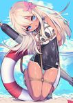  blonde_hair blue_eyes bound breasts flower hair_ornament kantai_collection lifebuoy long_hair ro-500_(kantai_collection) small_breasts solo swimsuit tan tied_up torn_clothes torpedo utm wet 