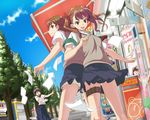  back-to-back brown_eyes brown_hair dutch_angle komura_(nkmr123) long_hair misaka_mikoto multiple_girls paper school_uniform serafuku shirai_kuroko short_hair shorts skirt sweater_vest thigh_strap to_aru_kagaku_no_railgun to_aru_majutsu_no_index twintails uiharu_kazari 