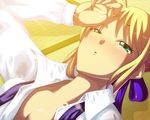  ahoge artoria_pendragon_(all) blonde_hair fate/stay_night fate_(series) floor green_eyes izumi_dari open_clothes open_shirt ribbon saber shirt solo waking_up 