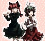  animal animal_ears animal_on_head braid brown_eyes cat cat_ears cat_on_head chen earrings fang hat highres jewelry kaenbyou_rin multiple_girls on_head paw_pose pointy_ears red_eyes red_hair sakuragi_rian short_hair sokrates_(touhou) touhou 