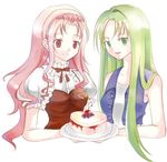  bad_id bad_pixiv_id blonde_hair cake cherry food fruit green_eyes harvest_moon karen_(harvest_moon) multiple_girls pastry pink_hair popuri_(harvest_moon) red_eyes ribbon smile vest zhanzhan_lan 