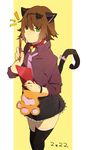  alternate_costume animal_ears apron bad_id bad_pixiv_id bell brown_hair cat_ears cat_tail choker green_eyes hairband miniskirt necktie ribbon rita_mordio shiramine_(srmn09) short_hair simple_background skirt solo tail tales_of_(series) tales_of_vesperia thighhighs yellow_background 