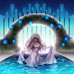  arch bad_id bad_pixiv_id bare_shoulders blonde_hair closed_eyes dress floral_arch flower glowing long_hair masaru.jp night night_sky original rose skirt_hold sky solo star_(sky) starry_sky wading water 