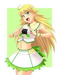  blonde_hair food green_eyes hoshii_miki idolmaster idolmaster_(classic) long_hair midriff navel nishi_(count2.4) onigiri solo sweet_break_girl_(idolmaster) wrist_cuffs 