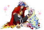  1girl abitu armlet bandages belt blonde_hair blue_hair blush cape closed_eyes embarrassed flower grin hair_flower hair_ornament happy jewelry kamina long_hair multicolored_hair nia_teppelin sandals sarashi sitting smile sweatdrop tengen_toppa_gurren_lagann two-tone_hair wariza 