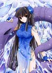  black_eyes black_hair bun_cover china_dress chinese_clothes double_bun dress highres ice long_hair monster original pping see-through solo very_long_hair 