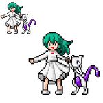  ai2 child dress full_body gen_1_pokemon green_hair holding_hands kereichi lowres mewtwo parody pixel_art pokemon pokemon_(anime) pokemon_(classic_anime) pokemon_(creature) pokemon_m01 style_parody tail transparent_background white_dress younger zoom_layer 
