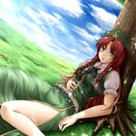  bad_id bad_pixiv_id blue_eyes bow braid chinese_clothes dappled_sunlight hair_bow hat hong_meiling long_hair mochi.f red_hair shade sitting solo sunlight touhou tree twin_braids 